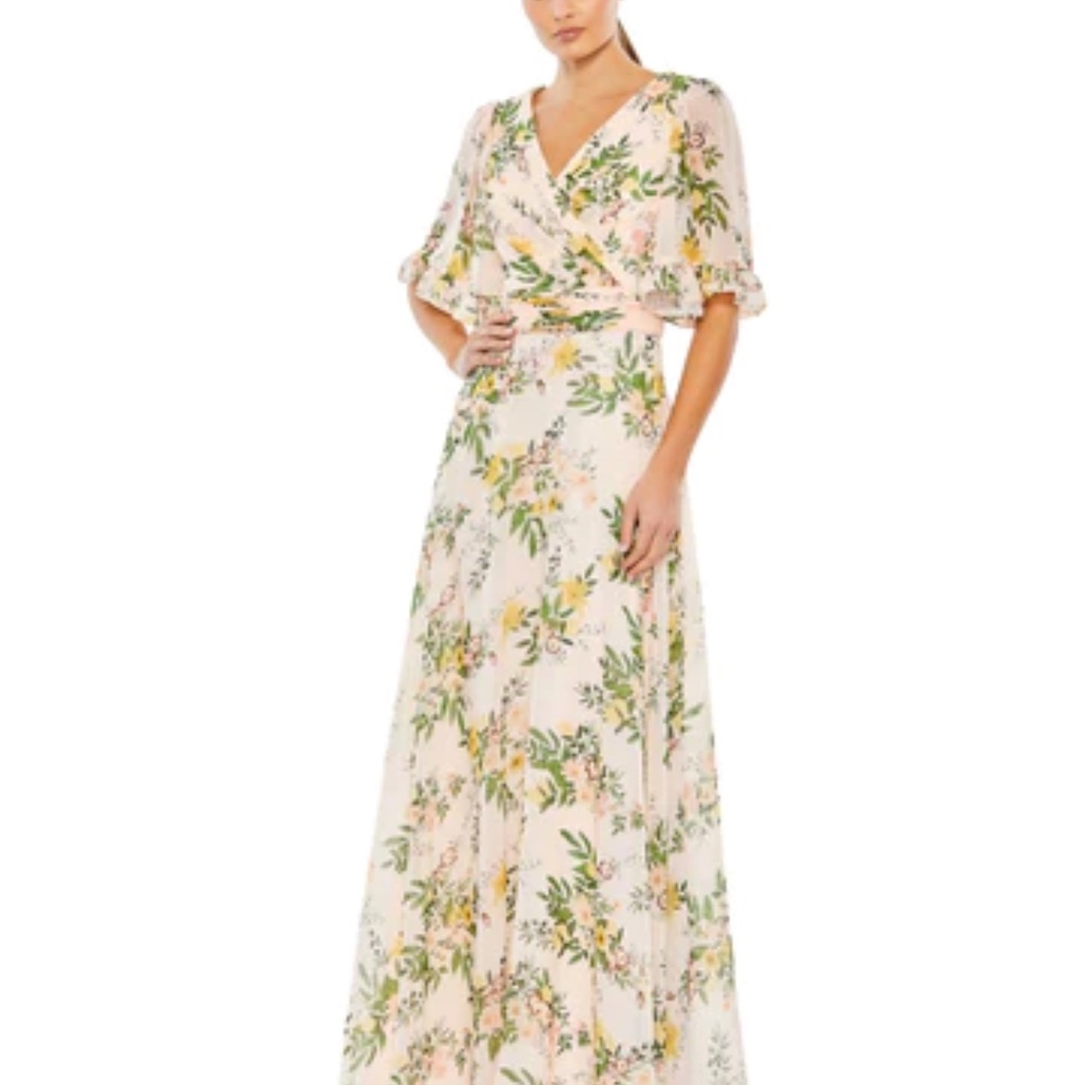MAC DUGGAL FLORAL PRINT FLUTTER SLEEVE WRAP OVER GOWN